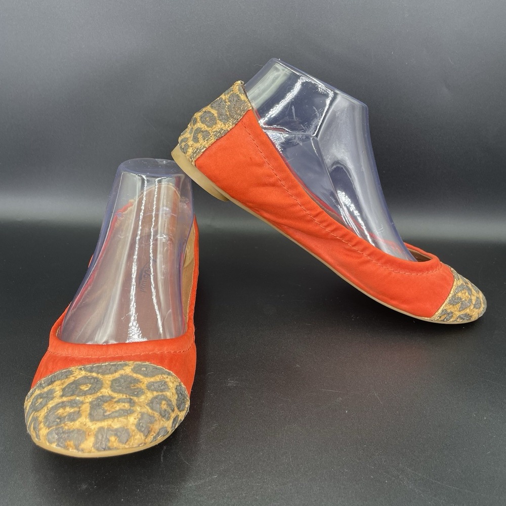 Lucky Brand Cheetah Cap Toe Cork Orange/Red Fabric Ballet Flats SZ 8.5 M Comfort